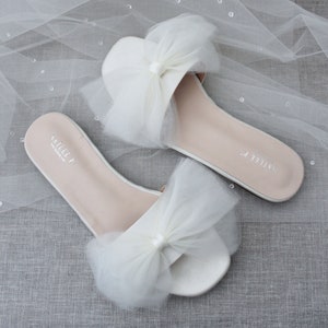 IVORY SATIN Slide Flat Sandals with Oversized Tulle Bow - Bridal Sandals, Bridesmaids Sandals, Wedding Sandals