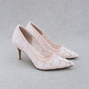 Dusty Pink Crochet Pointy Toe PUMPS with MINI PEARLS, Wedding Shoes, Bridesmaid Shoes, Bridal Shoes, Party Shoes