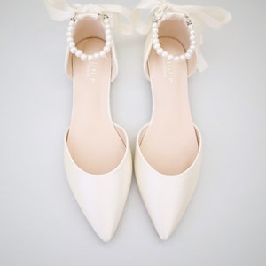 Ivory Satin Pointy Toe Flats with PEARLS ANKLE STRAP, Fall Wedding Shoes, Ivory Bride Shoes, Bridesmaids Shoes, Ivory Bridal Flats