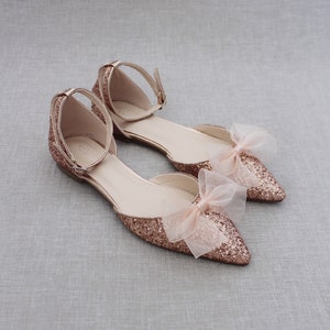 Rose Gold Rock Glitter Pointy Toe Flats with Ankle Strap & Organza Bow, Fall Wedding Shoes, Bride Shoes, Bridesmaids Shoes, Holiday SHoes