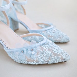 Light Blue Crochet Lace Almond Toe Block Heel with Flower Appliques - Women Wedding Shoes, Bridesmaids Shoes, Bridal Shoes, Something Blue