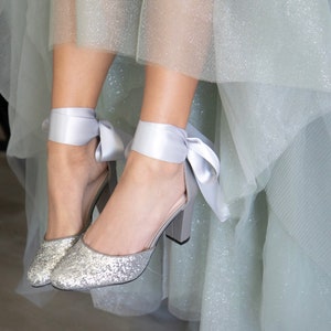 Silver Rock Glitter Block Heel with WRAPPED SATIN TIE, Wedding Shoes, Bridal Shoes, Bridal Heels, Bride Heels, Glitter Shoes, Holiday Shoes