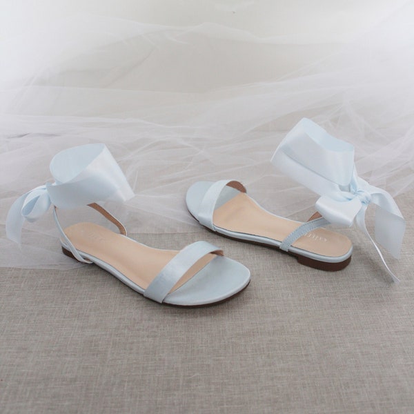 Light Blue Satin Flat Sandal with WRAPPED SATIN TIE, Bridesmaid Shoes, Women Sandals, Kids Sandals, Mommy and Me Shoes