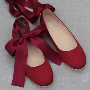 Women Shoes | Burgundy Satin Round Toe Flats with Satin Ankle Tie or Ballerina Lace Up, Fall Wedding Shoes, Holiday Shoes, Bridesmaids Shoes