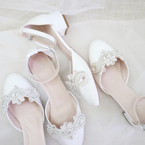 White & Ivory Round Toe Satin Block Heel with Small Rhinestones Applique, Women Wedding Shoes, Bridal Shoes, Bridal Heels, Wedding Heels