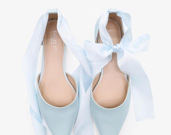 Light Blue Satin Pointy Toe flats with Satin ANKLE TIE Or BALLERINA Lace Up, Wedding Shoes, Something Blue, Blue Bridesmaids Shoes
