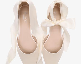 Ivory Satin Pointy Toe Flats with satin ANKLE TIE or BALLERINA Lace Up, Wedding Shoes, Bride Shoes, Bridesmaids Shoes, Ivory Bridal Flats