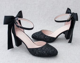 Black Rock Glitter Block Heel with SATIN BACK BOW, Women Wedding Shoes, Bridesmaids Shoes, Bridal Shoes, Bride Pumps, Holiday Shoes