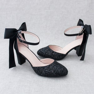 Black Rock Glitter Block Heel With SATIN BACK BOW, Women Wedding Shoes ...