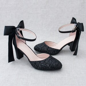 Black Rock Glitter Block Heel with SATIN BACK BOW Women Wedding Shoes Bridesmaids Shoes Bridal Shoes Bride Pumps Holiday Shoes