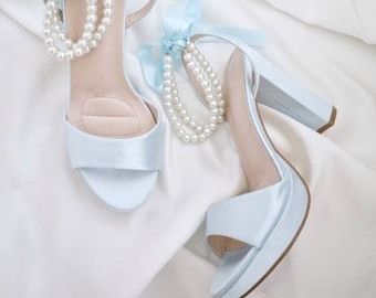 Light Blue Satin Platform Block Heel Wedding Sandals with Double Pearls Ankle Strap - Women Wedding Shoes, Bridal High Heel, Wedding Heels