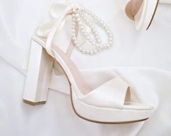 White & Ivory Satin Platform Block Heel Wedding Sandals with Double Pearls Ankle Strap - Women Wedding Shoes, Bridal Shoes, Wedding Heels