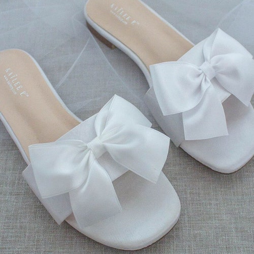 WHITE SATIN Slide Flat Sandals With Satin Bow Bridal - Etsy
