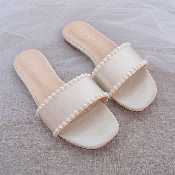 Ivory Satin Slip on Sandals with PEARLS, Bridal Sandals, Bridesmaids Sandals, Wedding Sandals