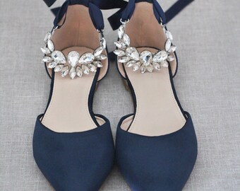 navy satin flat shoes