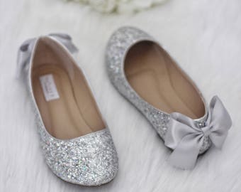 WHITE ROCK GLITTER Flats with Back Satin Bow Bridal Shoes | Etsy