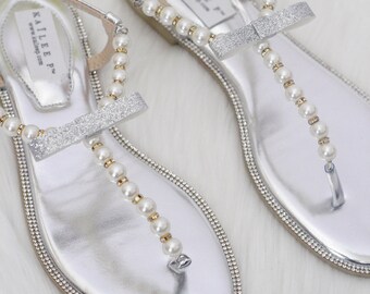Women Wedding WHITE Sandals with Rhinestones T-Strap flat | Etsy