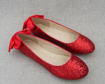 RED ROCK GLITTER Flats with Back Satin Bow -  Bridal Shoes,  Bridesmaids Shoes, Women Wedding Flats, Holiday Shoes