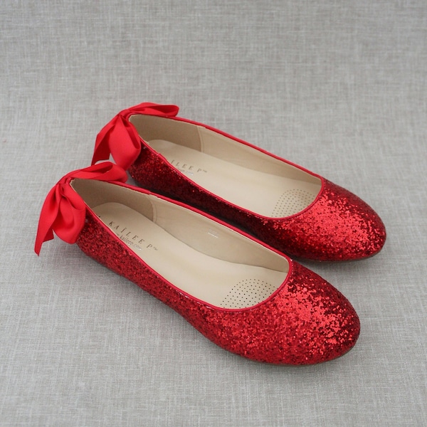 RED ROCK GLITTER Flats with Back Satin Bow -  Bridal Shoes,  Bridesmaids Shoes, Women Wedding Flats, Holiday Shoes