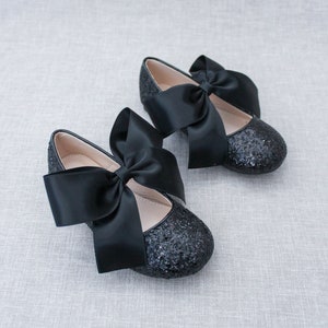 BLACK Rock Glitter Maryjane with BLACK SATIN bow Flower Girl Shoes, Holiday Party Shoes, Black Shoes, Fall Girls Shoes image 1