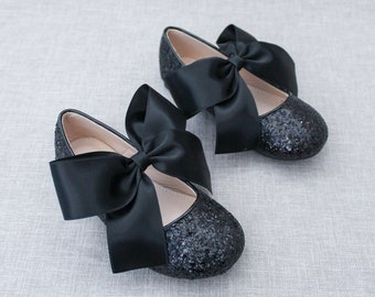 BLACK Rock Glitter Maryjane with BLACK SATIN bow - Flower Girl Shoes, Holiday Party Shoes, Black Shoes, Fall Girls Shoes