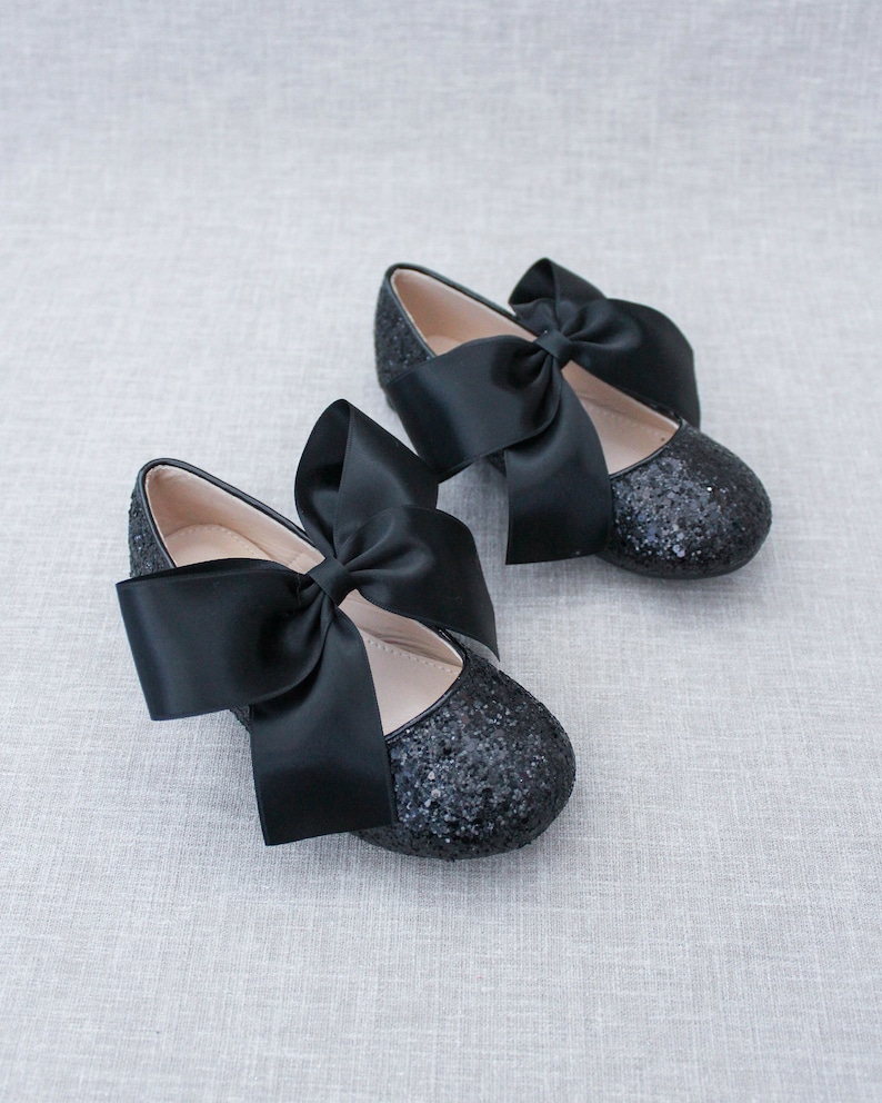 BLACK Rock Glitter Maryjane with BLACK SATIN bow Flower Girl Shoes, Holiday Party Shoes, Black Shoes, Fall Girls Shoes image 1