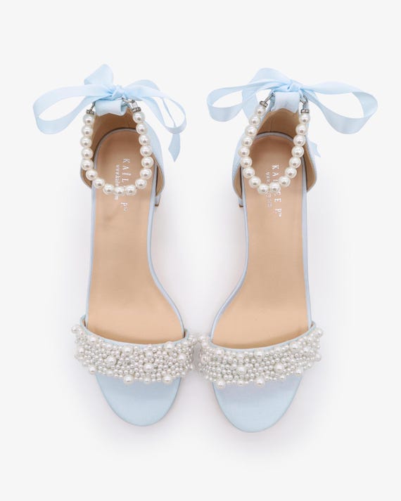 light blue dress sandals Satin Block Heel Wedding Sandals with Ankle Strap
