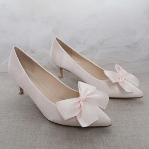 Soft Blush Satin Pointy Toe Pump Low Heels with Satin Bow, Women Wedding Shoes, Bridesmaids Shoes, Bridal Shoes, Women Heels