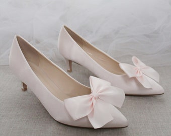 Soft Blush Satin Pointy Toe Pump Low Heels with Satin Bow, Women Wedding Shoes, Bridesmaids Shoes, Bridal Shoes, Women Heels