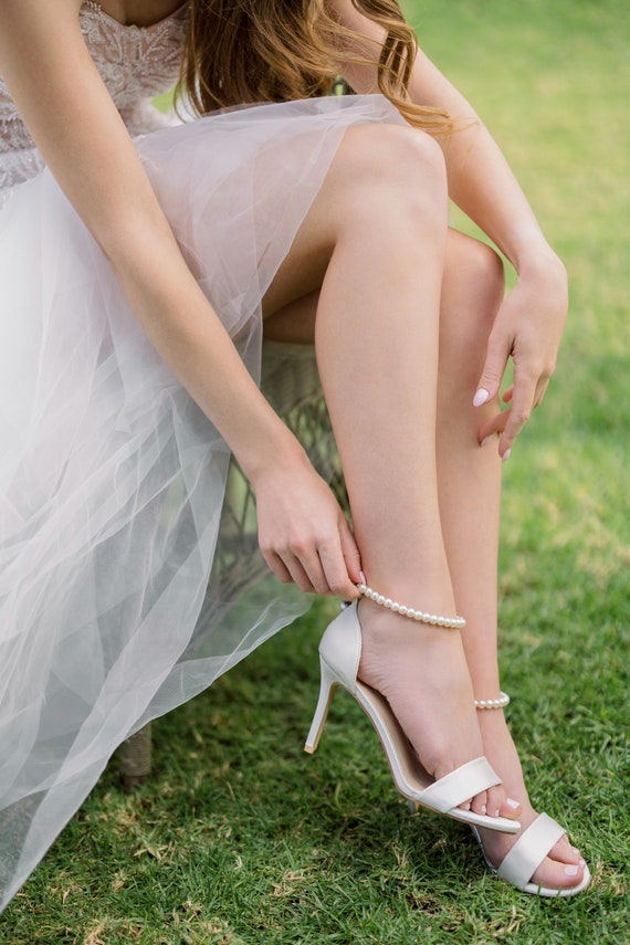 Ivory Satin High Heel Wedding Sandals With Adjustable Pearl Strap Wedding Heels Sandals Bridesmaids Shoes Heel Sandals Fall Bridal Heels Etsy Canada