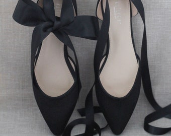 Black Satin Pointy Toe flats with  ANKLE TIE Or BALLERINA Lace Up, Fall Wedding Shoes, Bridesmaid Shoes, Black Evening Flats, Holiday Shoes