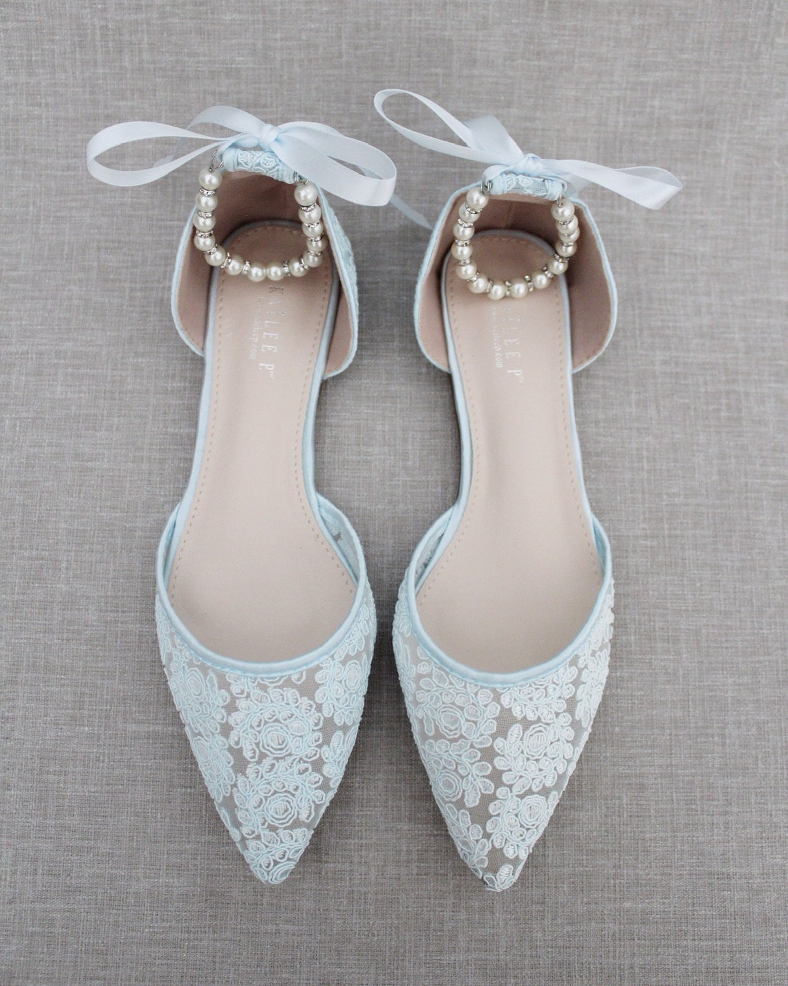 Light Blue Crochet Lace Pointy Toe Flats With Pearls Ankle - Etsy