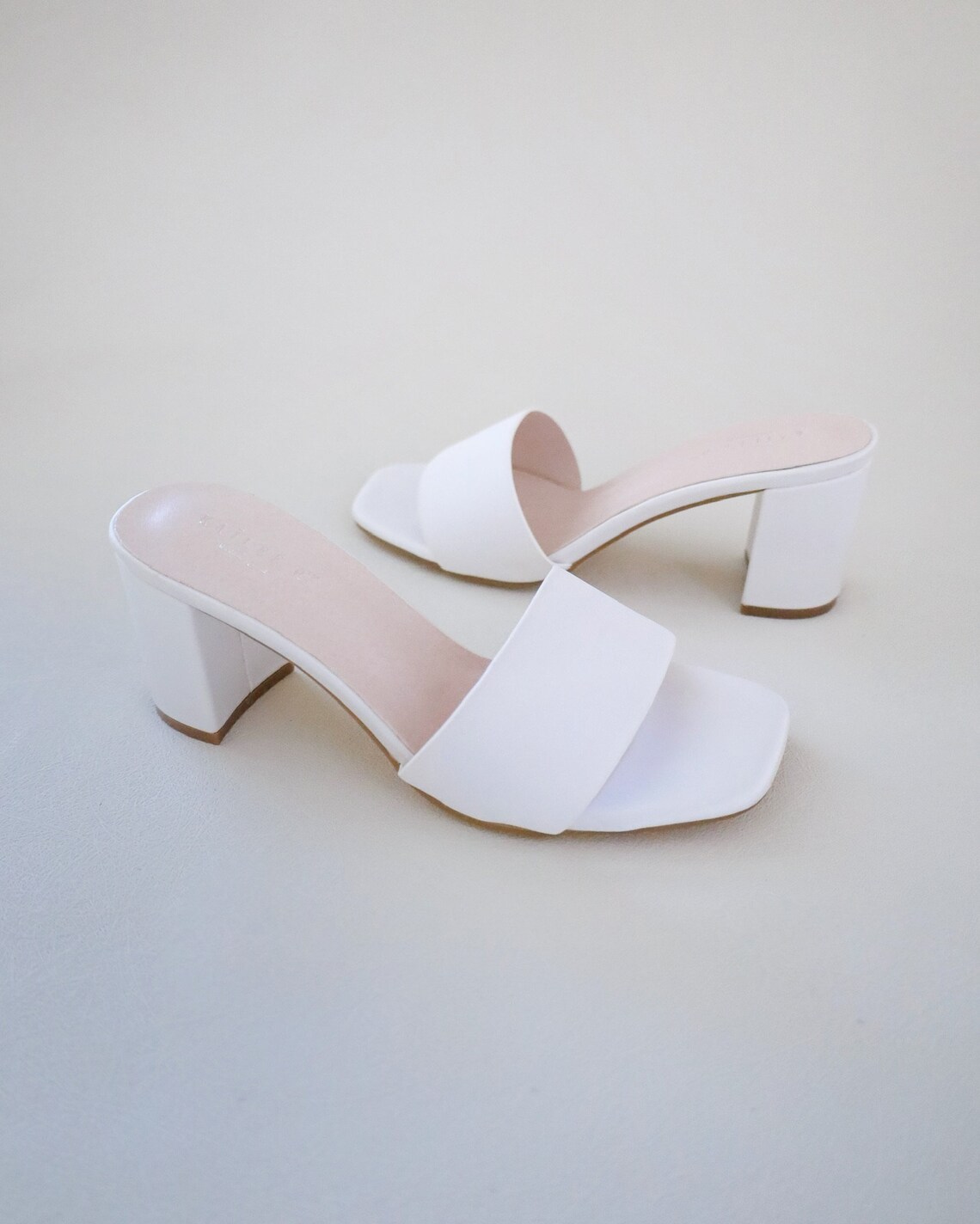 White Satin Block Heels Slide Wedding Sandals With Bow Bridal - Etsy