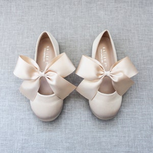 Champagne Satin Maryjane Flats with GOLD SATIN BOW, Fall Flower Girl Shoes, Toddler Shoes, Gold Shoes, Holiday Shoes, Gold Satin Shoes