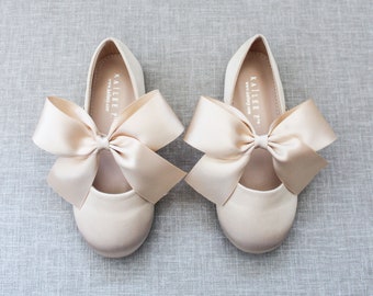 Champagne Satin Maryjane Flats with GOLD SATIN BOW, Fall Flower Girl Shoes, Toddler Shoes, Gold Shoes, Holiday Shoes, Gold Satin Shoes