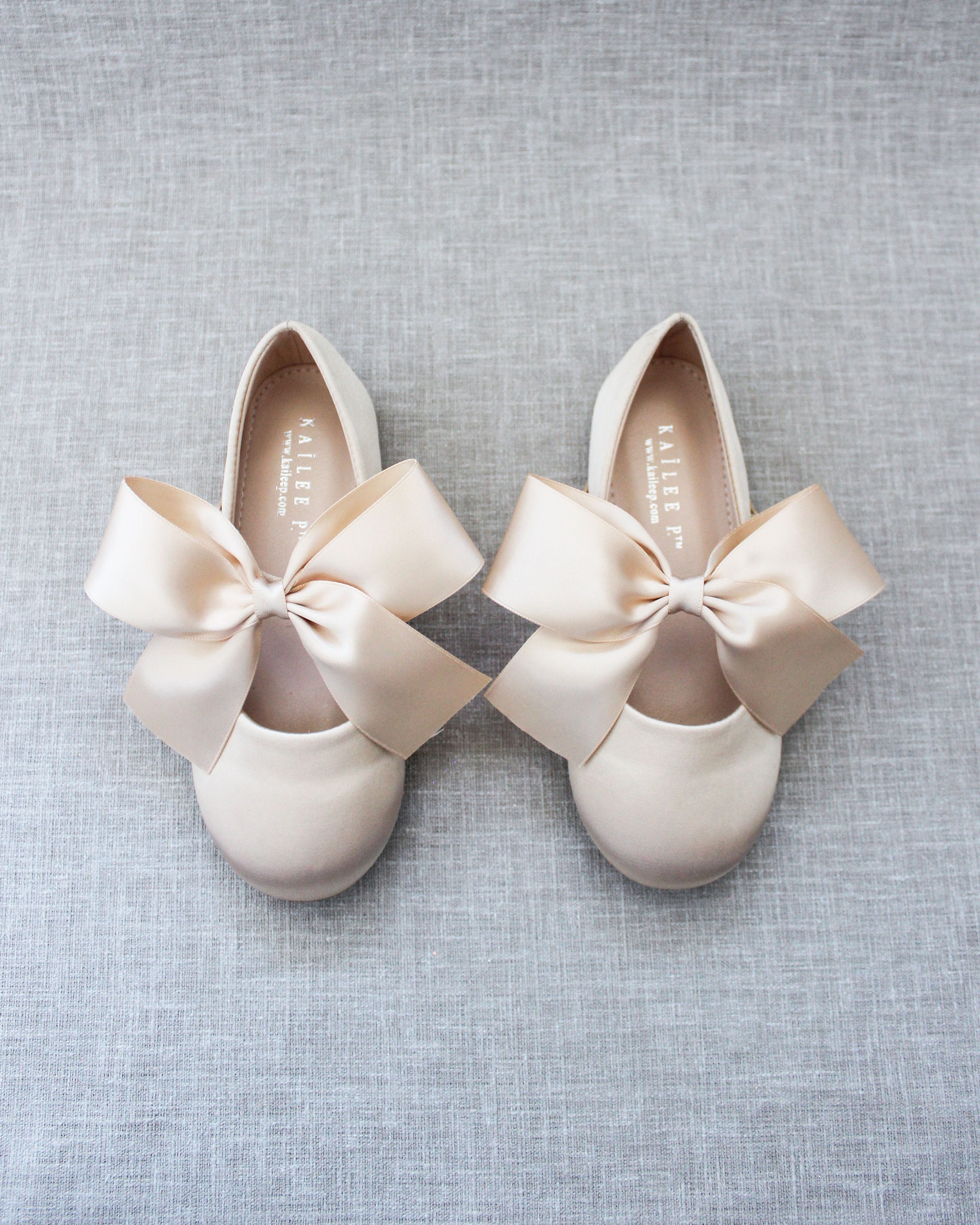 Champagne Satin Maryjane Flats With GOLD SATIN BOW Fall Flower