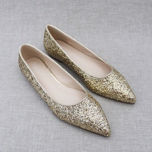 Gold Rock Glitter Pointy Toe Flats With Oversized SATIN BOW, Women ...