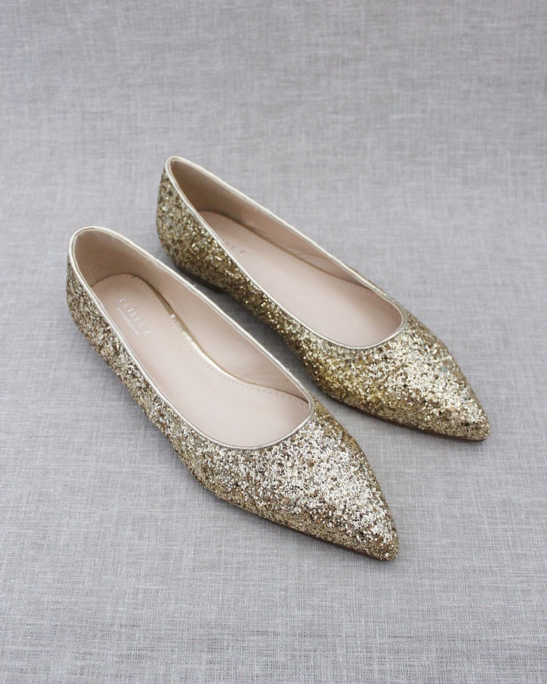 Gold Rock Glitter Pointy Toe Flats with Oversized SATIN BOW, Women Wedding Shoes, Bridesmaid Shoes, Glitter Shoes, Gold Holiday Shoes image 7