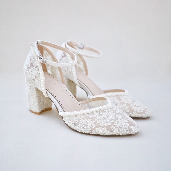 Blanc et ivoire dentelle au crochet, bout amande, talons carrés avec MINI PERLES - Chaussures de mariage pour femme, chaussures de demoiselle d'honneur, talons en dentelle pour femme, talons de mariée