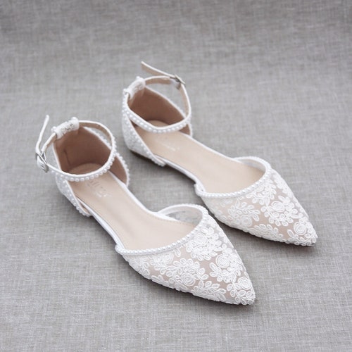 White Crochet Lace Pointy Toe Flats With MINI PEARLS Women - Etsy