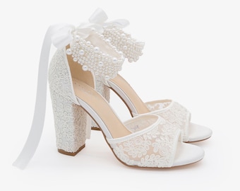 White & Ivory Crochet Lace Block Heel Sandals with Perla Ankle Strap, Women Wedding Shoes, Bridesmaid Shoes, Bridal Shoes, Lace Heels