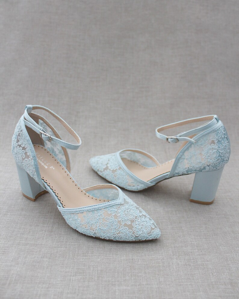 Light Blue Crochet Lace Almond Toe Block Heel With Pearls - Etsy