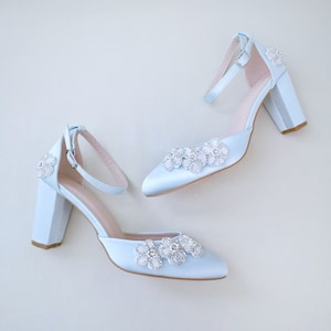 Light Blue Satin Wedding Block Heel with Rhinestones Chassia Flower, Women Wedding Shoes, Bridal Shoes, Bridal Heels, Bridesmaid Shoes