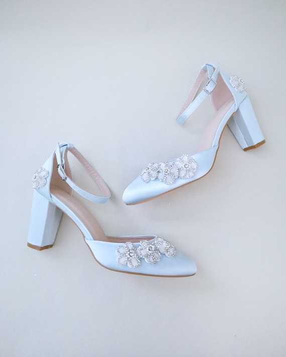 Light Blue Satin Wedding Block Heel With Rhinestones Chassia Flower Women Wedding Shoes Bridal Shoes Bridal Heels Bridesmaid Shoes Etsy Canada