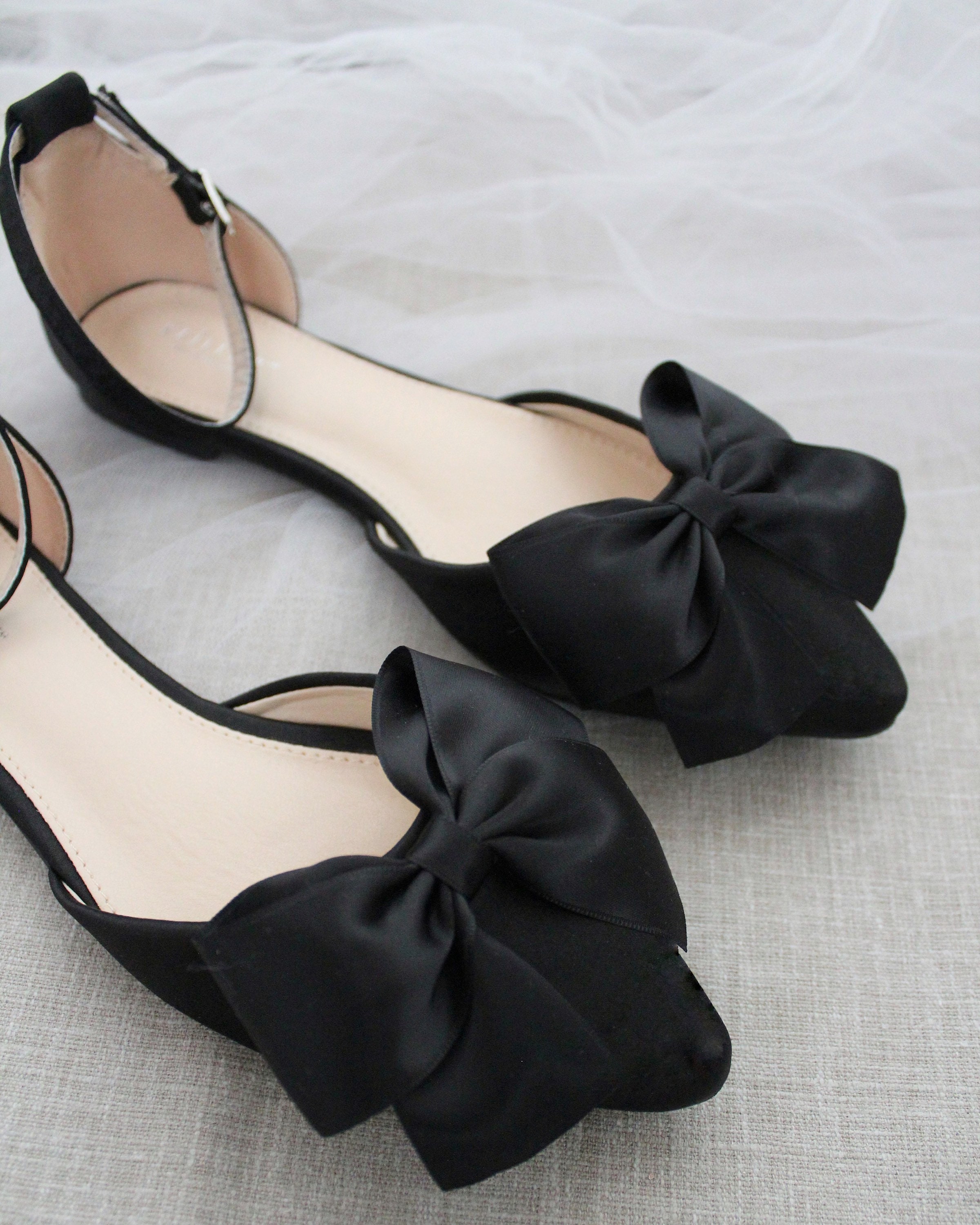 Black Pointy Toe Flats With FRONT SATIN BOW Women Wedding | Etsy