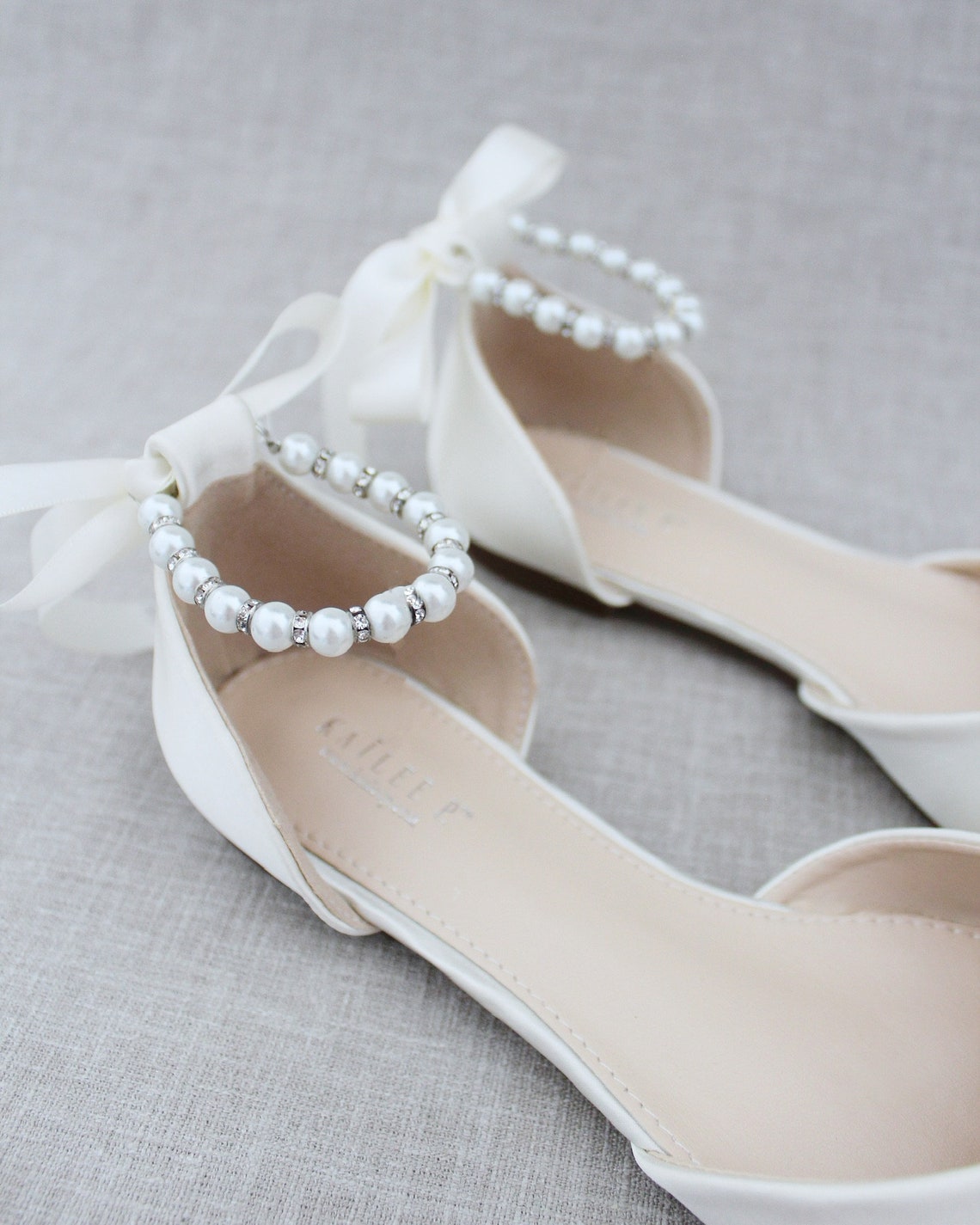 Ivory Satin Pointy Toe Flats With PEARLS ANKLE STRAP Fall Etsy