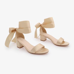 Champagne Satin Block Heel Sandal with WRAPPED SATIN TIE, Bridesmaid Shoes, Jr. Bridesmaids Shoes, Women Sandals, Holiday Shoes