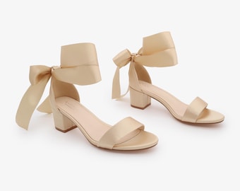 Champagne Satin Block Heel Sandal With WRAPPED SATIN TIE