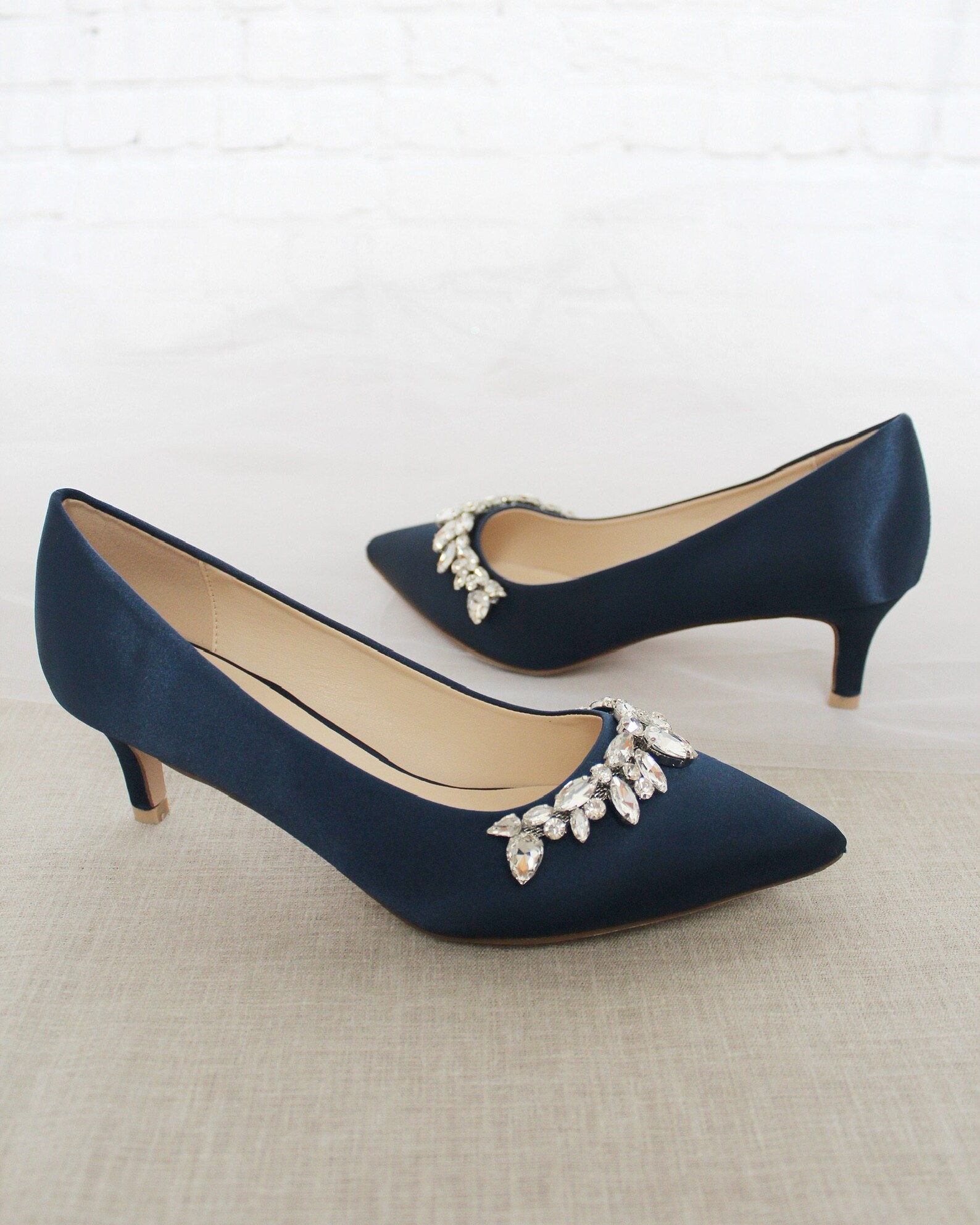 ladies navy blue satin low heel wedding shoes