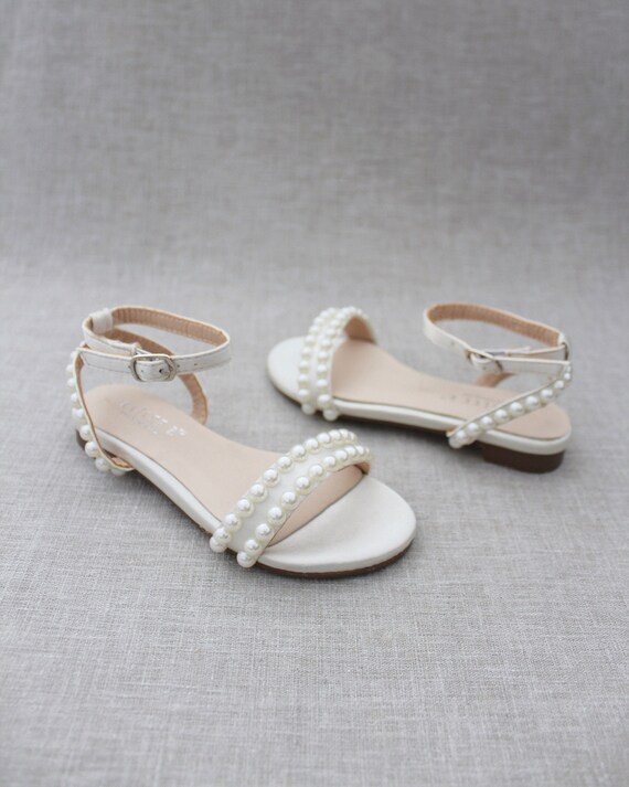 Ivory Satin Flat Sandal With PEARLS Bridesmaid Shoes Women - Etsy